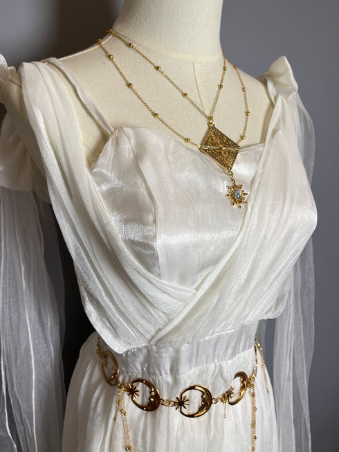 White Fantasy Tulle Dress with Draped Sleeves and Celestial Belt – Greek Goddess Dress Plus Size